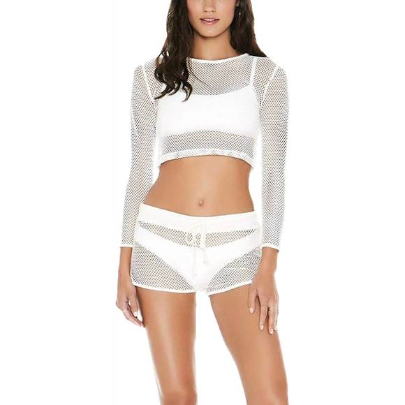 NEW L*SPACE women sarah long sleeve seamless fit mesh cropped top in white - Picture 1 of 2